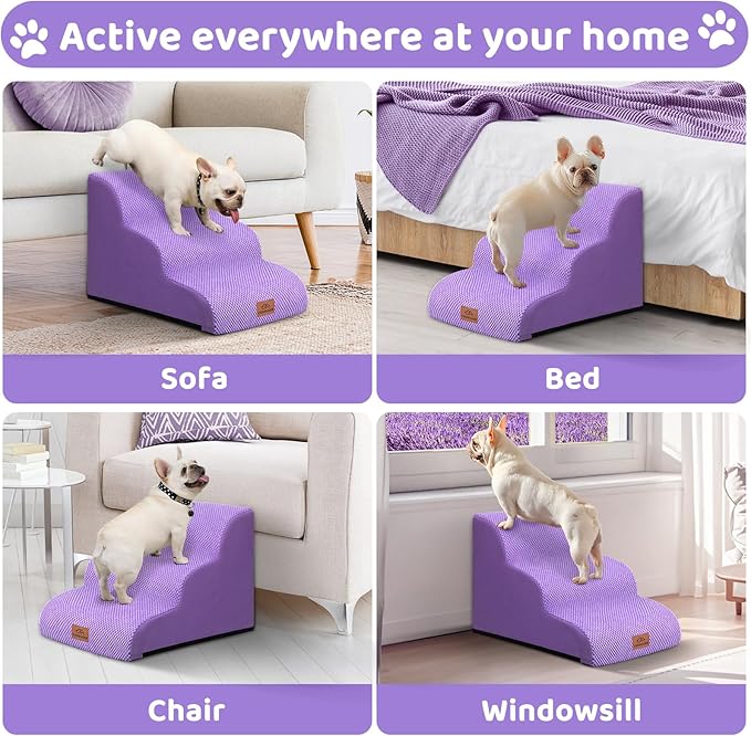 Dog Ramp and Stair for Bed 16" H-20 H,3-Step Cat Stair for Sofa and Chair,4-Step Dog Ramp for High Bed and Window,Durable Nonslip Fabric Stair for Indoor (Purple-16 H, Pet Friendly, 3)-PurrikoPets