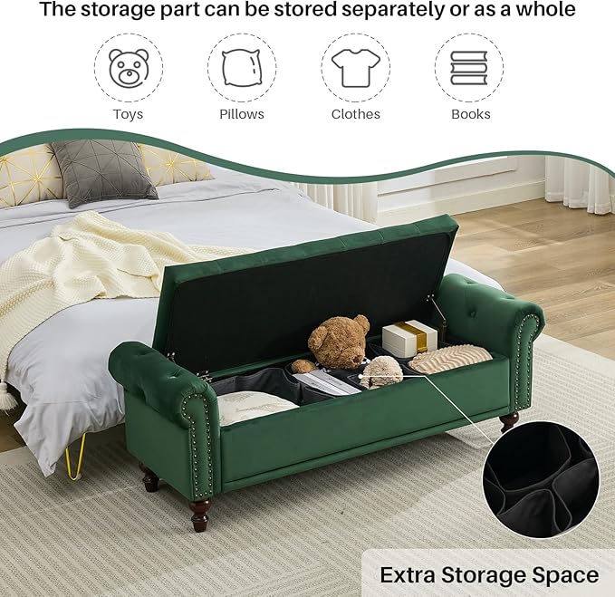 58.1'' Storage Bench Upholstered Velvet End of Bedroom Bed Bench Ottoman with Tufted Cushioned Rolled Arm Large Storage Space for Reading Living Room Entryway,Dark Green-PurrikoPets
