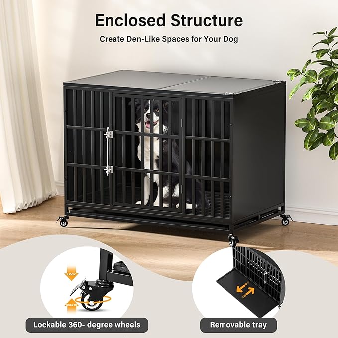 48 inch Heavy Duty Dog Crate with Self-Locking Latch, Indestructible Large Steel Kennel with Enclosed Design, Escape-Proof and Chew-Proof Pet Cage for High Anxiety Dogs-PurrikoPets