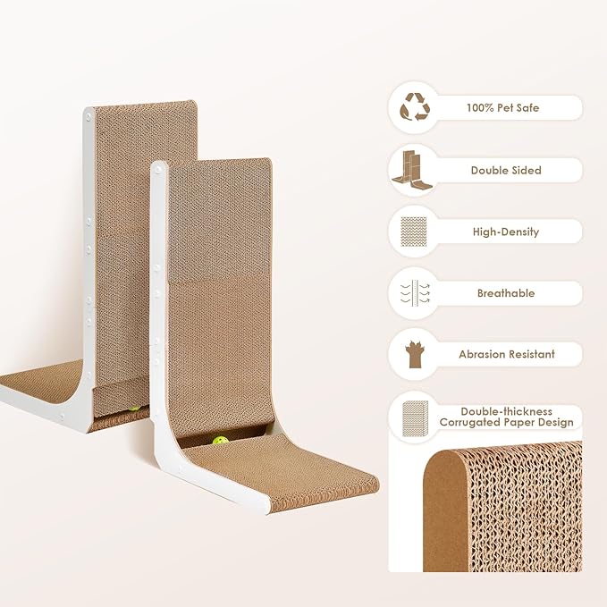 EHEYCIGA Cardboard Cat Scratcher for Indoor Cats, 26.8 Inch L Shaped Vertical Cat Scratching Board with Ball Cat Toy, Large Cat Scratcher Pad, White-PurrikoPets