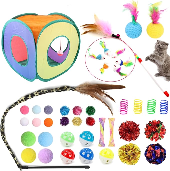 42pcs Interactive Cat Toys Kit - Multi-Activity Kitten Toy Set with Collapsible Tunnel, Feather Wand & Bell, Cat Balls Toys - Indoor Play Enrichment Supplies for Adult Cats & Kittens-PurrikoPets
