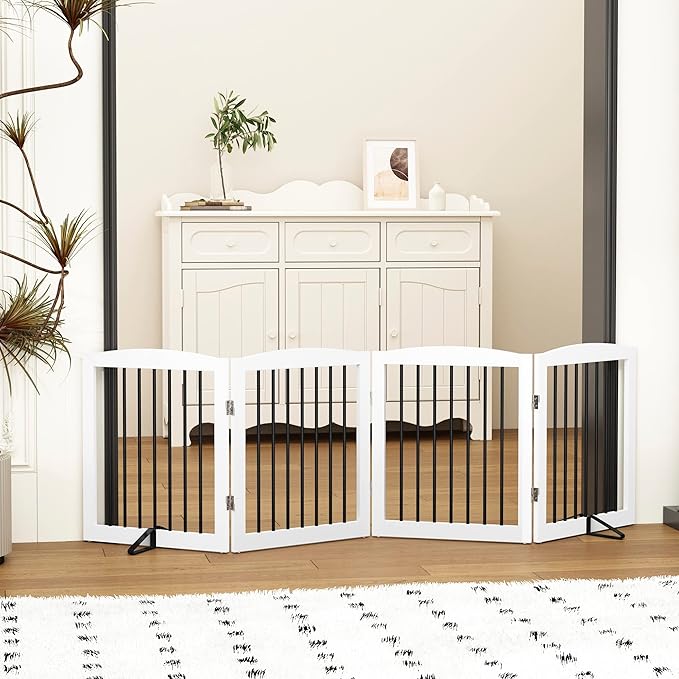 Freestanding Pet Gate for Dogs, Foldable Wooden Dog Gate for House, Indoor Dog Gate for Stair, Doorway, Gates for Dogs Indoor, 80 Inch Wide, 4 Panels 24",White-PurrikoPets
