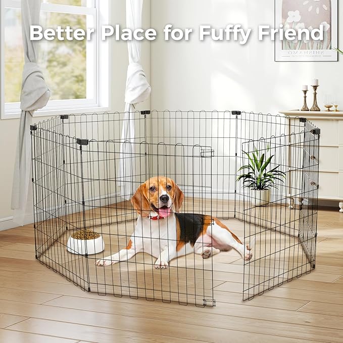 Foldable Dog Playpen 30" Height 8 Panels Metal Exercise Pen No Door - Indoor/Outdoor Puppy Playpen for Small Dogs, Portable Pet Fence for Yard Garden Camping, Black-PurrikoPets