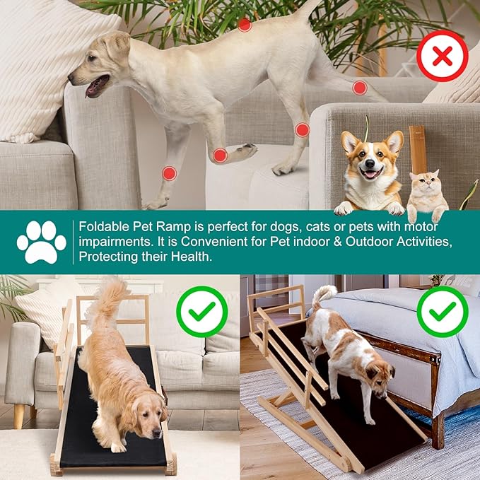 Dog Ramp for Bed, Adjustable Pet Ramps for Dog to Get on Bed, Non-Slip Rubber Surface - Folding Wooden Dog Ramp for Small/Large/Old Dogs, Adjustable up to 23.5 inch High Beds, Safety Railings-PurrikoPets