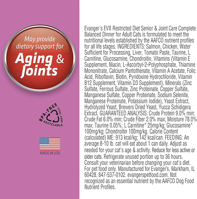 Evanger’s EVX Restricted Diet Senior and Joint Health Canned Cat Food – 24 Count, 5.5 oz Cans Each – Salmon with Taurine, L Carnitine, Glucosamine & Chondroitin – Grain Free Pâté Style-PurrikoPets