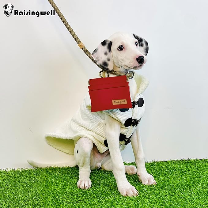 Dog Treat Pouch, Red Pocket Sized Pet Training Pouch, Cotton Fabric, Hand Free Dog Walking Bag with Carabiner, Self-Closing Pet Feed Snack Reward, for Puppy Travel or Outdoor Use-PurrikoPets