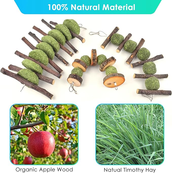 ERKOON Bunny Chew Toys, Rabbit Chew Toys for Teeth Grinding, Improve Dental Health, 100% Natural Apple Wood Timothy Grass Cake Treats for Rabbits Guinea Pigs Chinchillas Bunnies Hamsters (3 Pcs)-PurrikoPets