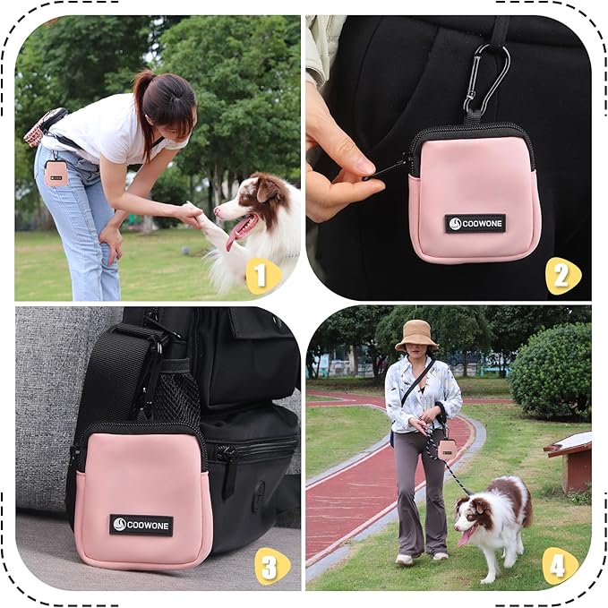 Dog Treat Pouch 2 PCS, Waterproof Small Dog Treat Bag for Leash, Hands Free Dog Walking Bag with Carabiner, Dog Poop Bag Holder for Pet Puppy Travel or Outdoor Use, Zipper Closure to Avoid Spilling-PurrikoPets