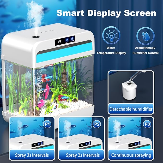 Fish Tank Aquarium 2.2 Gallon with 7 Color Auto-Looping Light, Fish Bowl with Humidifier 3 in 1 Pump - Filteration & Oxygenation & Circulation, Temperature Display, HD Float Glass, Thickened Base-PurrikoPets