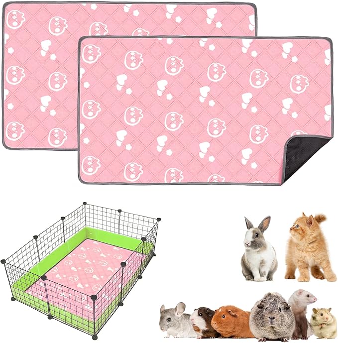 2 Pack Guinea Pig Bedding - Washable Guinea Pig Cage Liners, Waterproof Reusable & Anti Slip Pee Pads Super Absorbent Mats for Small Animals Pet Rabbit Bunny Hamster Rat (Pink, 42 x 28 Inch)-PurrikoPets