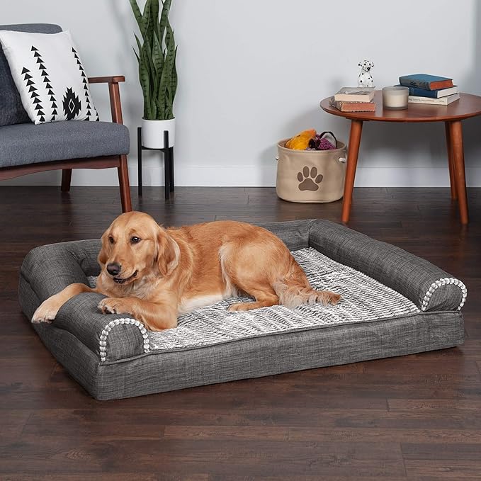 Furhaven Cooling Gel Dog Bed for Large Dogs w/ Removable Bolsters & Washable Cover, For Dogs Up to 95 lbs - Luxe Faux Fur & Performance Linen Sofa - Charcoal, Jumbo/XL-PurrikoPets