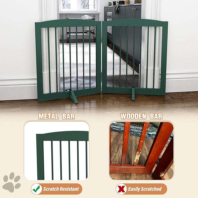 Freestanding Pet Gate for Dogs, Foldable Wooden Dog Gate for House, Stairs, Doorways, Step Over Pet Puppy Safety Fence,Support Feet Included,24" Height 2 Panels, Green-PurrikoPets