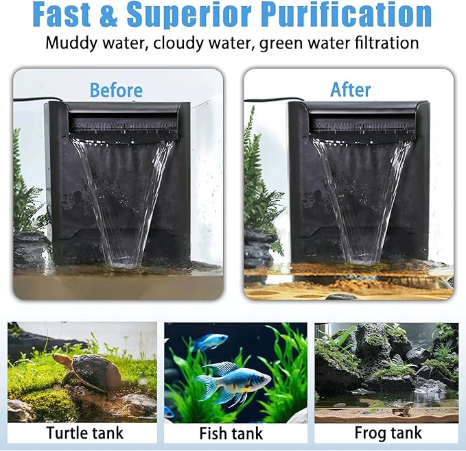 290GPH Turtle Tank Filter for 40-85 Gallon, Turtle Filter Low Water Level Available and Flow Adjustable, Turtle Water Filter for Shrimps Amphibians Turtle Tank Saltwater Freshwater Crystal Clear-PurrikoPets