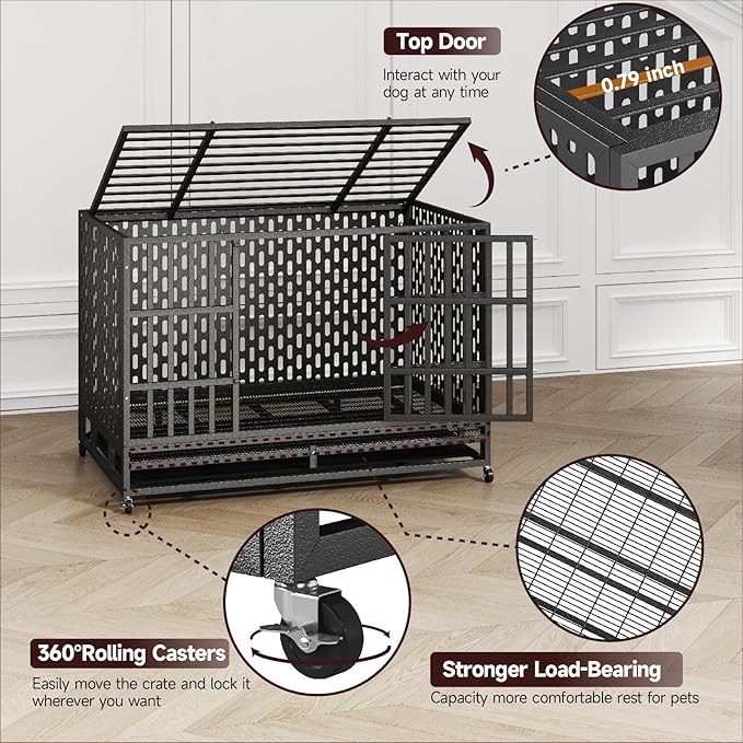 48/42 Inch Heavy Duty Indestructible Dog Crate Steel Escape Proof, Indoor Double Door High Anxiety Cage, Kennel with Wheels, Removable Tray, Extra Large XL XXL-PurrikoPets
