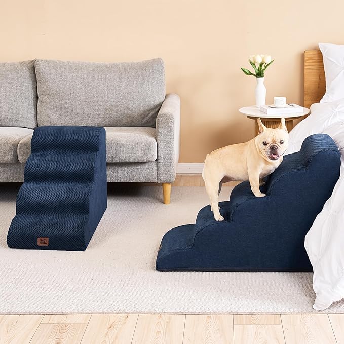 EHEYCIGA Curved Dog Stairs Ramp for High Beds 22.6" H, 5-Step Dog Steps for Small Dogs and Cats, Pet Stairs for High Bed Climbing, Non-Slip Balanced Pet Step Indoor, Navy-PurrikoPets