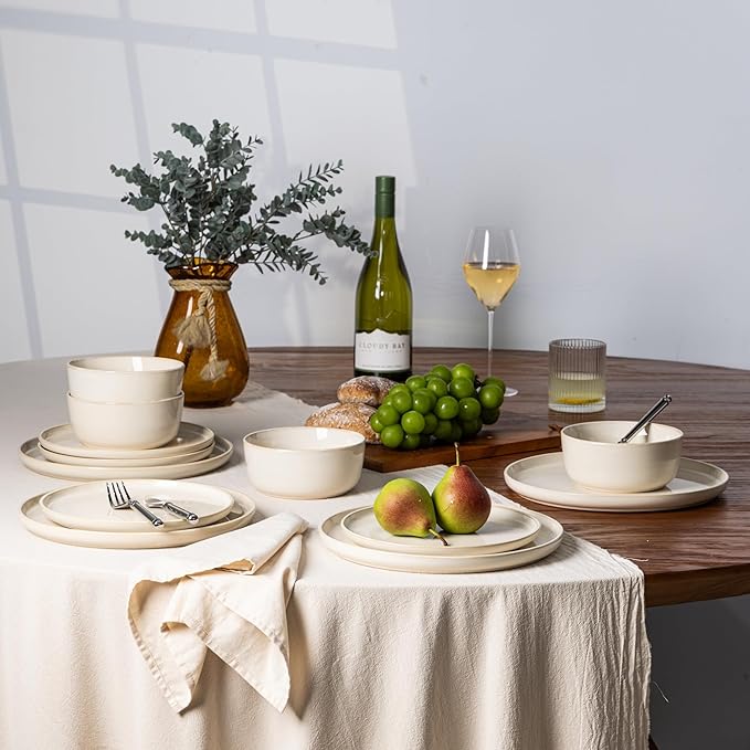 GBHOME Ceramic Dinnerware Sets for 4, 12 Pieces Stoneware Plates and Bowls Sets, Scratch Resistant Dishes, Dishwasher & Microwave Safe, Reactive Glaze-Vanilla color-PurrikoPets