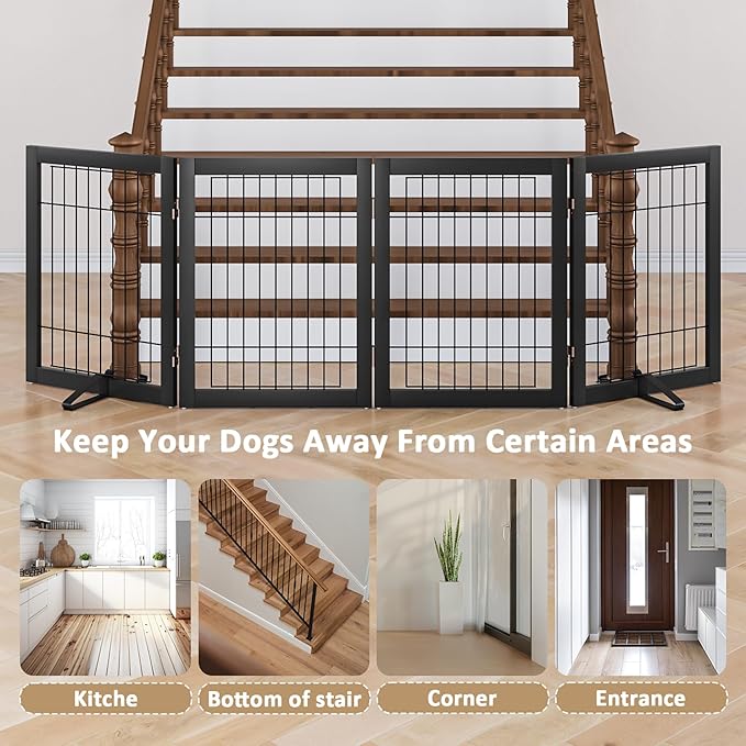Dog Gate Wire Dog Gates for House Doorways Stairs 24-Inch Freestanding Pet Gate Puppy Fences Indoor (4 Panel, Black)-PurrikoPets