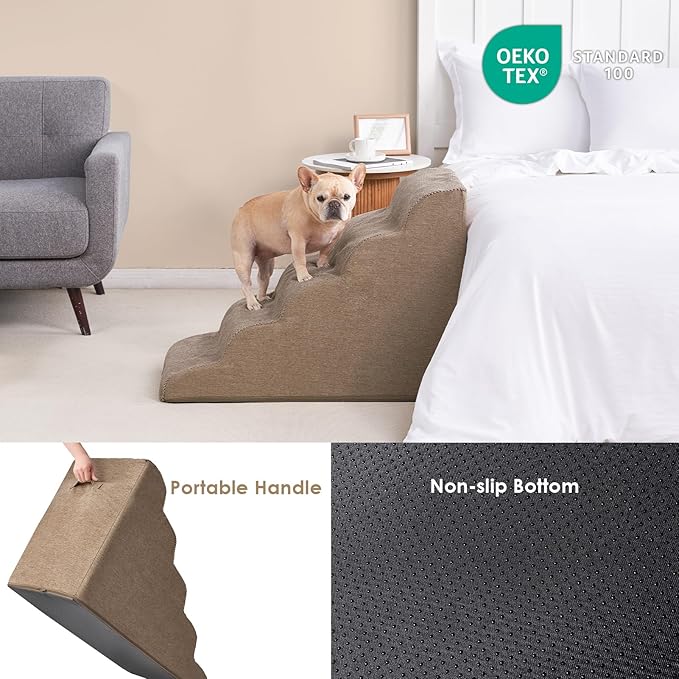 EHEYCIGA Curved Dog Stairs Ramp for High Beds, 5-Step Extra Wide Dog Steps for Small Dogs and Cats, Pet Stairs for High Bed Climbing, Non-Slip Balanced Pet Step Indoor, Camel-PurrikoPets