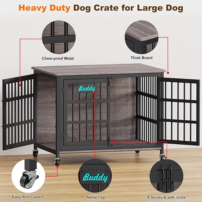 EasyCom 41"/33"/27" Dog Crate Furniture with Name Tag, Heavy Duty Dog Kennel Indoor for Medium Dogs, Double-Doors Sturdy Metal Dog Cage for Anxiety Dog, Decorate House as TV Stand, End Table-PurrikoPets