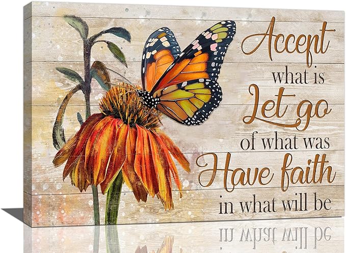 Farmhouse Butterfly Bathroom Pictures Wall Art, Rustic Floral Country Bathroom Wall Decor, Daisy Inspirational Framed Painting Canvas Artwork for Bedroom Living Room Decorations 24"L x 16"W-PurrikoPets