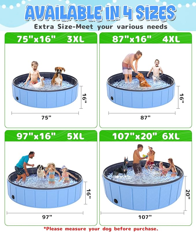 Giant Dog Pool 97"x16", Hyperzoo Foldable Dog Swimming Pool, Hard Plastic PVC Leakproof Doggie Wading Collapsible Pet Bathing Tub for Puppy Small Medium Large Dogs and Kids, Blue-PurrikoPets