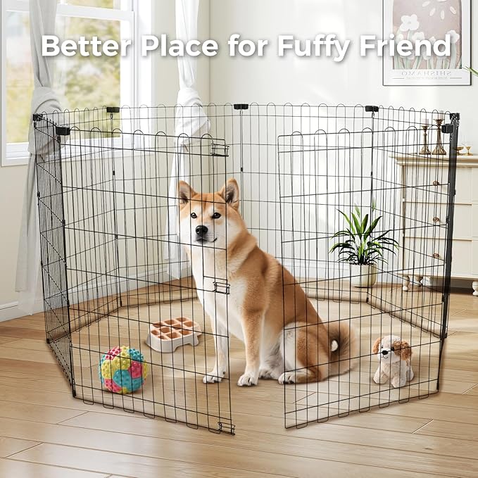 Foldable Dog Playpen 36" Height 8 Panels Metal Exercise Pen No Door - Indoor/Outdoor Dog Play Pen for Small-Medium Dogs, Portable Pet Fence for Yard Garden Camping, Black-PurrikoPets