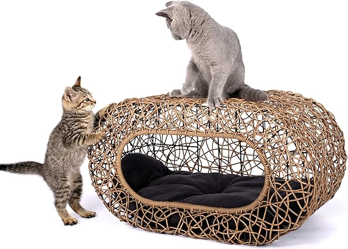 Fun Stackable Cat Condo for Indoor Cats - Interactive Play Faux Rattan Cat House for Indoor Cats Kitty, Pet Friendly Top/Side House Entry, Cat Bed Enclosed-PurrikoPets