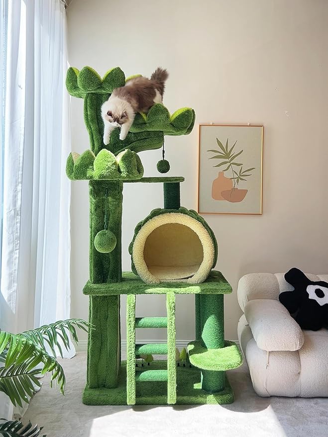 80.3'' Modern Cat Tree, Tall Cat Tower for Indoor Cats Adults, Luxury Climb Tower with Scratching Post, Heavy Duty Cat Condo with Ladder, Toys, Double Sided Mat, Lotus Perch for Multi-Cat Families-PurrikoPets