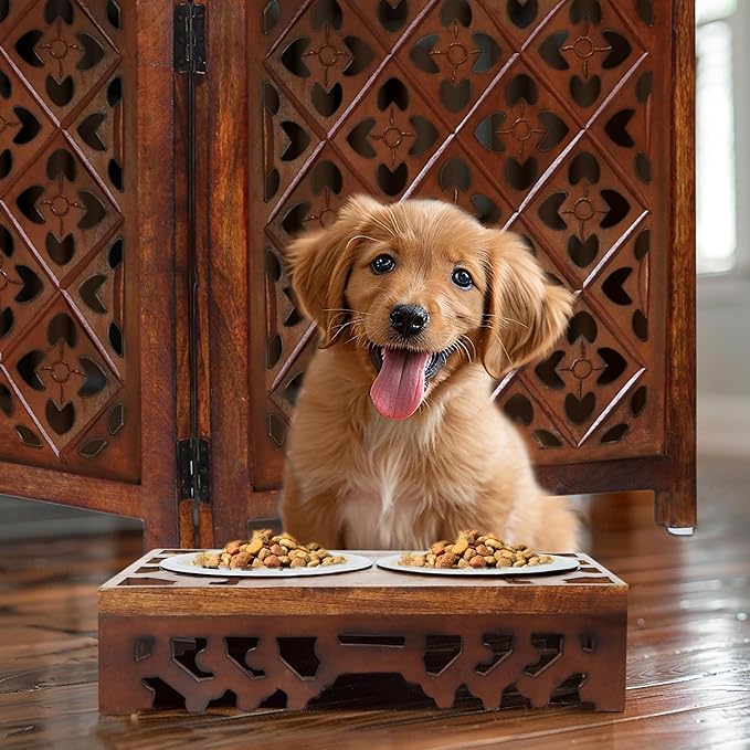 Elevated Pet Feeder for Dogs and Cats - Hand Carved Wood Bones Raised Dog Bowl Stand - Pet Feeding Stand with Two Steel Bowls - Raised Dog Bowl for Food Water - Pet Feeding Station -17x11x4- IRONGATE-PurrikoPets