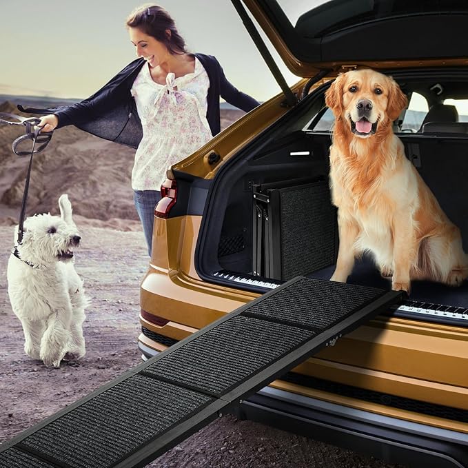 FAHKNS Dog Ramp for Car, 71" x 17" Extra Long Wide Folding Pet Ramp, Non-Slip Rug Surface, Aluminum, Black, Up to 300 LBS-PurrikoPets