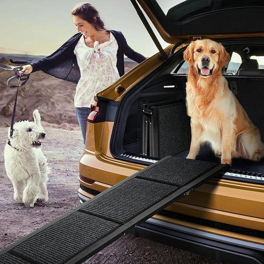 FAHKNS Dog Ramp for Car, 71" x 17" Extra Long Wide Folding Pet Ramp, Non-Slip Rug Surface, Aluminum, Black, Up to 300 LBS-PurrikoPets