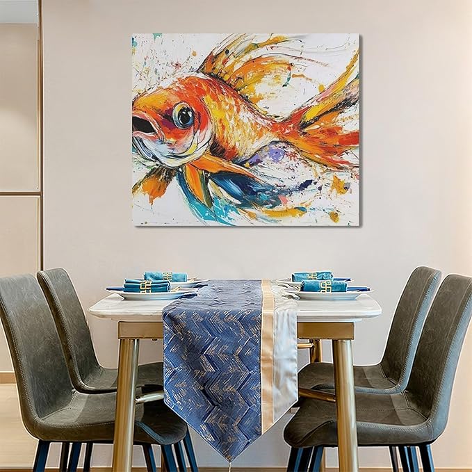 Framed Large Fish Wall Art for Living Room, Oversized Graffiti Goldfish Wall Decor Watercolor Fishing Canvas Painting Modern Artwork Home Decoration for Living Room Bedroom Office 60"x30"-PurrikoPets