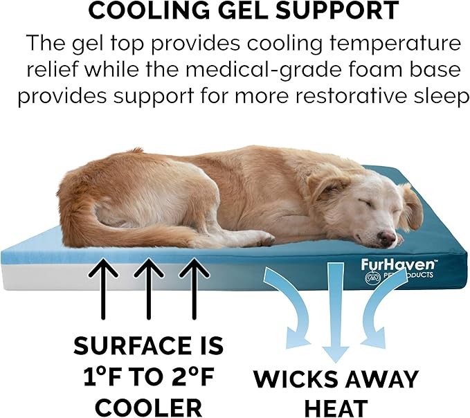 Furhaven Water-Resistant Cooling Gel Dog Bed for Large Dogs w/ Removable Washable Cover, For Dogs Up to 95 lbs - Indoor/Outdoor Logo Print Oxford Polycanvas Mattress - Deep Lagoon, Jumbo/XL-PurrikoPets