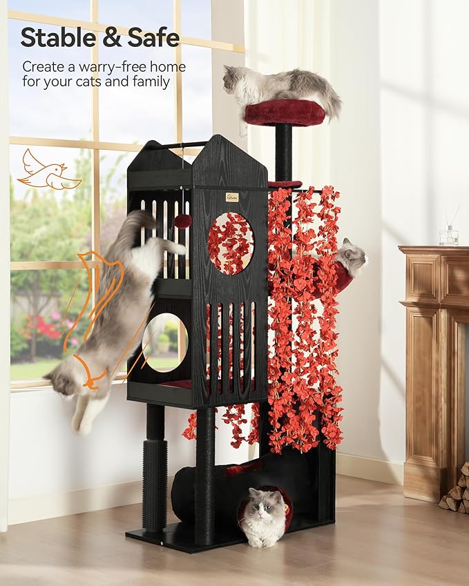 FourFurPets Gothic Cat Tree, 67" Cat Tower for Indoor Cats, Maine Coon Cat Tree for Large Cats 20 lbs+ with Extra-Large Padded Platform, Sisal-Covered Scratching Posts, Comfy Basket, Black & Red-PurrikoPets