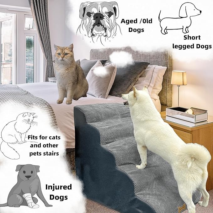 5-Step Dog Stairs for 30 Inch High Beds & 20-30 Inch Couch Bed, Non-Slip Balanced Indoor Pet Ramp Stairs for Small Old Large Dogs Cats to Get on Bed 30D-PurrikoPets