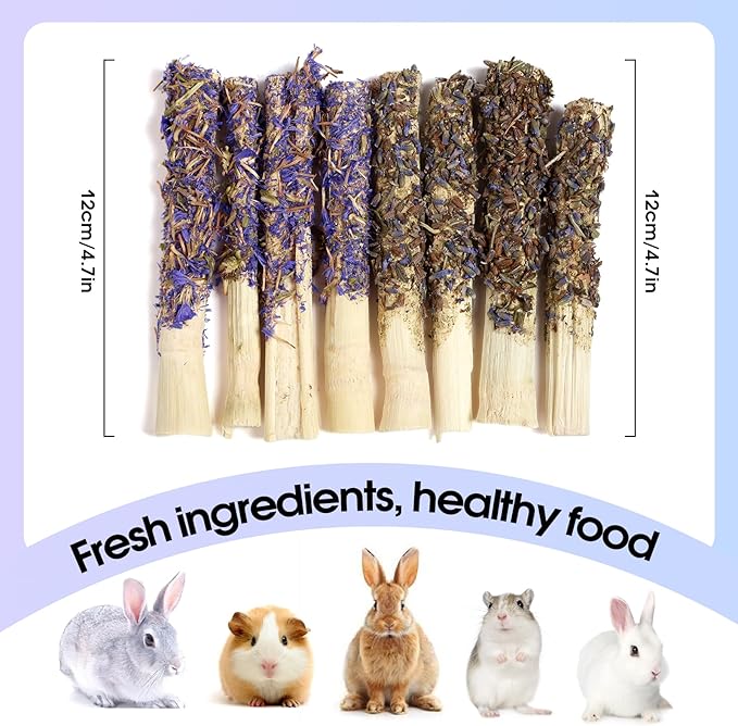 Abizoo Sweet Bamboo Rabbit Chew Sticks Treats and Toys 8Pcs Natural Hay with Forget-Me-Not Lavender for Bunny Guinea Pig Chinchilla Dental Care-PurrikoPets
