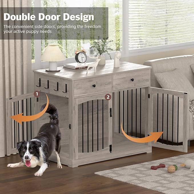 40 Inch Furniture-Style Dog Crate-Multipurpose Wood Pet Crate Furniture with Double Doors,2 Drawers, Decorative Dog House Indoor for Smal/Medium Dogs, Gray Finish-PurrikoPets