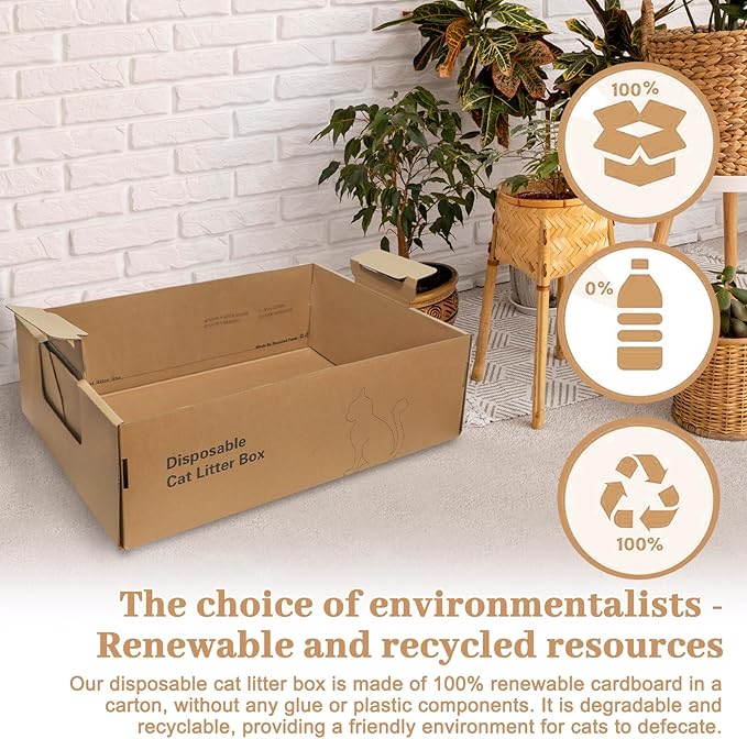 3-Pack Disposable Litter Boxes for Cats,Disposable 100% Renewable Cardboard Foldable Litter Boxes,Large-Capacity Portable Cardboard Cat Litter Box,Waterproof Travel Litter Box,17.2'' x 12.2'' x 5.3''-PurrikoPets