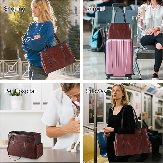 Fashion Dog Carrier Purse, Premium Leather Cat Carrier Bag, Airline Approved Soft Sided Pet Travel Tote Bag with Pockets Coffee-PurrikoPets