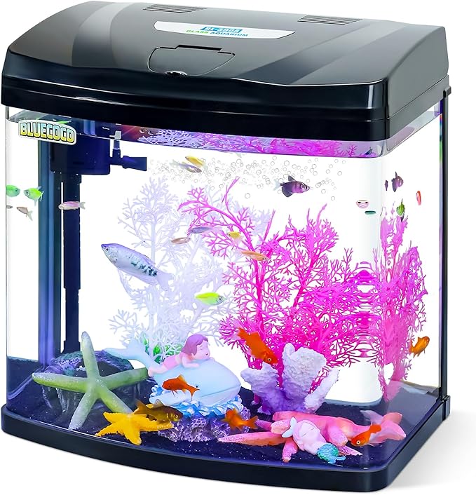 7 Gallon Glass Aquarium Starter Kit with Flip-Top Feeding Port for Betta Fish: Crystal Clear Viewing, Eco-Cycle Filtration, Air Pump, and LED Lighting-PurrikoPets