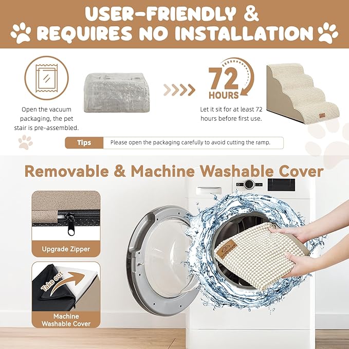 Dog Ramp and Stair for Bed 16" H-20 H,3-Step Cat Stair for Sofa and Chair,4-Step Dog Ramp for High Bed and Window,Durable Nonslip Fabric Cover for Indoor (Beige-20 H, Pet Friendly, 4)-PurrikoPets