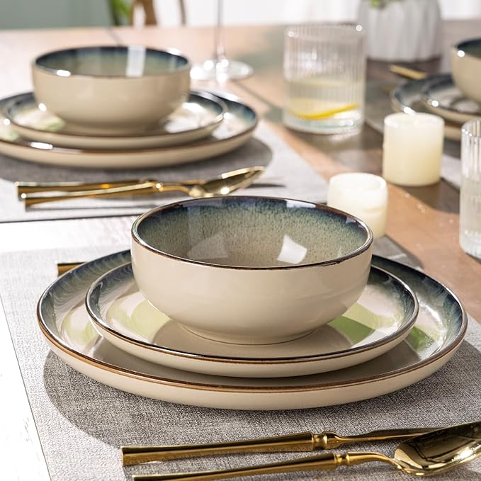GBHOME Ceramic Dinnerware Sets for 4, 12 Pieces Stoneware Plates and Bowls Sets, Scratch Resistant Dishes, Dishwasher & Microwave Safe, Reactive Glaze-Gravel-PurrikoPets