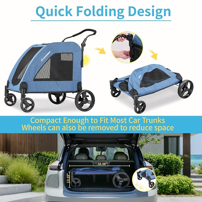 EchoSmile Heavy-Duty Large Dog Stroller with Shock-Absorbing Wheels, Foldable Pet Travel Carrier for Medium & Large Dogs, 5 Mesh Windows, 160 lbs Capacity, Easy Assembly & Storage-PurrikoPets