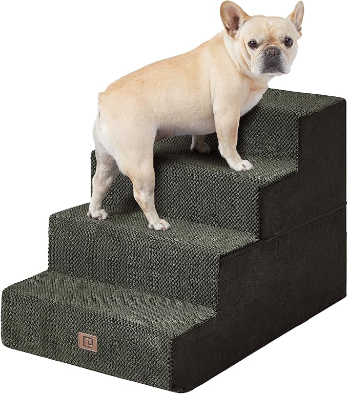 EHEYCIGA Dog Stairs for Bed 20" H, 4-Step Extra Wide Dog Steps for High Bed, Pet Steps for Small Dogs and Cats, Non-Slip Balanced Pet Ramp Indoor, Olive Green-PurrikoPets