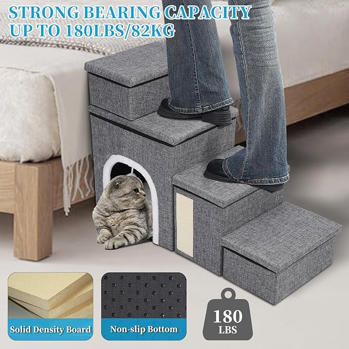 Dog Stairs for Bed and Couch 23“H, Foldable Dog Stairs for Small Older Dogs, 4 in 1 Adjustable Pet Cat Steps Ramps with Storage, Condo, Cat Scratcher, Hold Up to 180LBS, 4 Steps-PurrikoPets