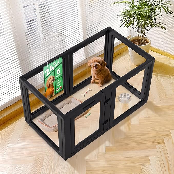 FXW AuraSpace Acrylic Indoor Unleashed Dog Playpen for Puppies and Small Dogs, 24 Inch, 6 Panels, Black-PurrikoPets