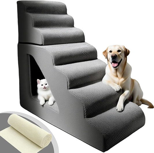 7 Step Pet Stairs Ramp for High Beds Sofas 22-42 Inch, Non-Slip Dog Stairs for Small Old Medium Large XL Dogs Cats, Sturdy 75 Pounds 33D Foam Balanced 6-Tier Ladder with Machine Washable Cover-PurrikoPets