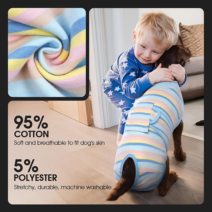 FUAMEY Recovery Suit for Dogs After Surgery,Soft Breathable Dog Bodysuit E-Collar & Cone Alternative Surgical Suit,Male Female Dog Neuter Spay Suits Anti Licking Wounds Onesie Blue Yellow Stripes M-PurrikoPets