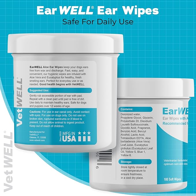 EarWELL by VetWELL Dog Ear Wipes - Otic Cleaning Wipes for Infections and Controlling Ear Odor in Pets - 100 Count-PurrikoPets