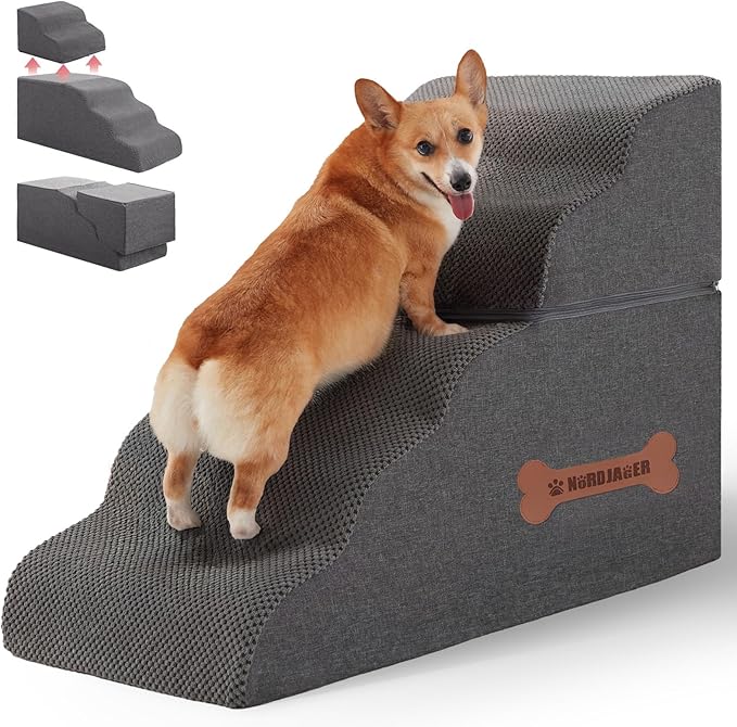 5-Step Spliceable Pet Stairs: Indoor& Outdoor Multi-Use with a Removable Cover and a Pocket, Best for Small Pets and Older Dogs Who Has Spine and Arthritis Issues to Get on High Beds, Grey（22.8" H-PurrikoPets